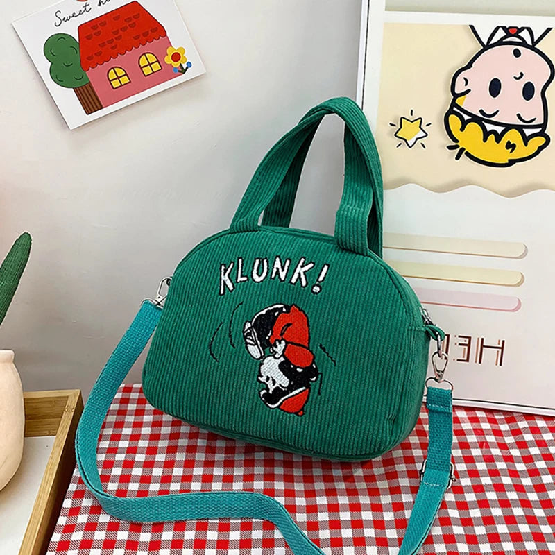 Corduroy Cartoon Shoulder Bag Cute Embroidered Handbag Women's Casual Crossbody Bag Adjustable Shoulder Straps