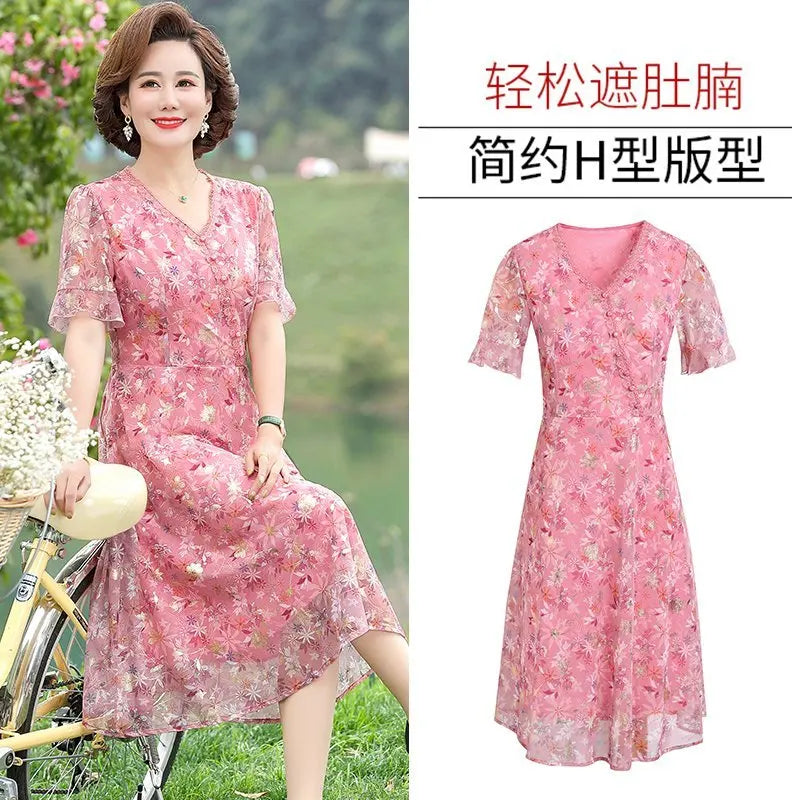 Women Summer Casual Dress Ladies Middle-aged Print Short Sleeve Pleated Dresses Female Vintage V-neck Vestidos