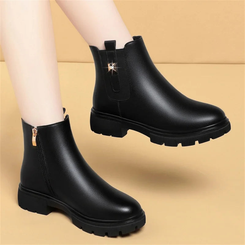 2024 British Style Women Chelsea Boots Square Heel Platform Comfortable Anti-slip Zip Ankle Boots Soft Leather Casual Boots