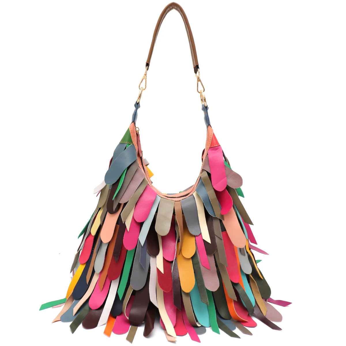 Women Daily Casual Slouchy Boho Style Colorful Real Sheepskin Tassel Fringe Hobo Shoulder Cross body Bag Genuine Leather Handbag