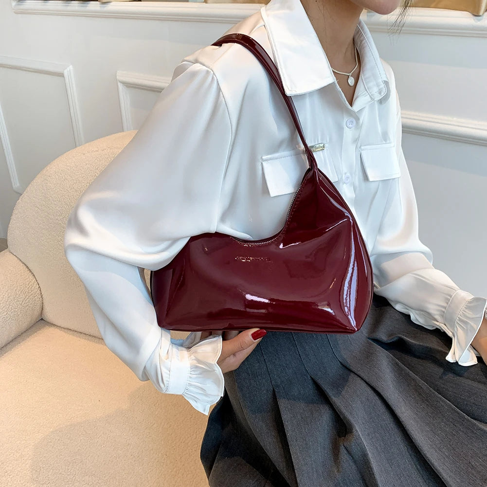 Women Patent Leather Tote Bag Versatile Fashion Shoulder Bag Casual Satchel Hobo Bag Underarm Bag Girl Zipper Small Handbags