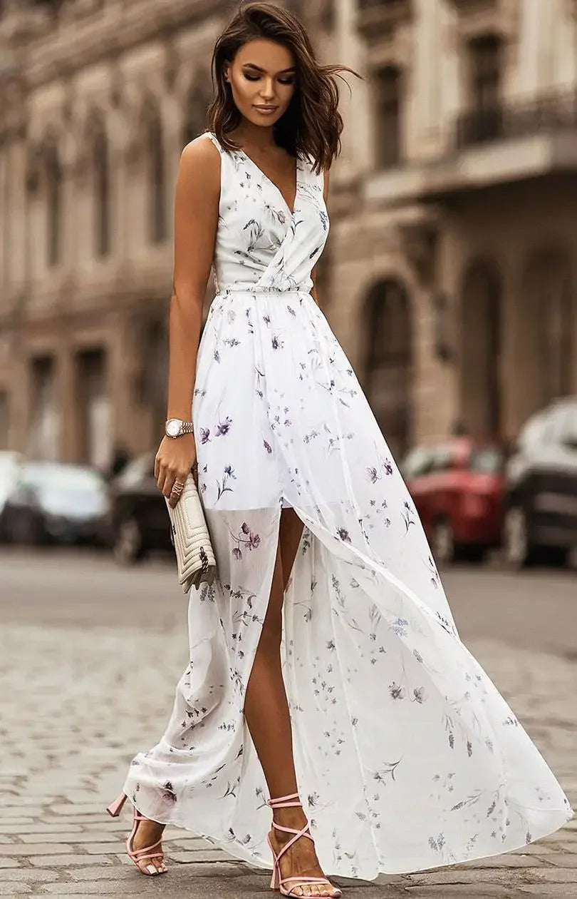 Été 2023 Nouvelle Station Indépendante Wish Amazon Robe en mousseline de soie imprimée nouée Vêtements pour femmes Robe sans manches Col en V