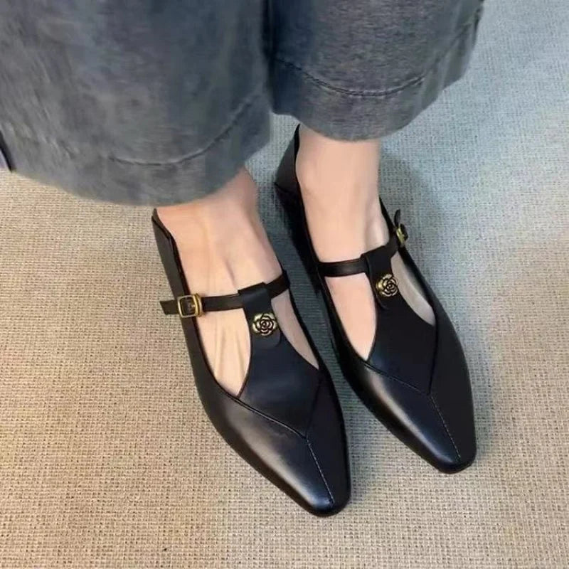 2025 New Vintage Women's Leather Mary Jane Pumps - Pointed-Toe Gold Floral Buckle T-Strap Low Heel Office & Daily Shoes