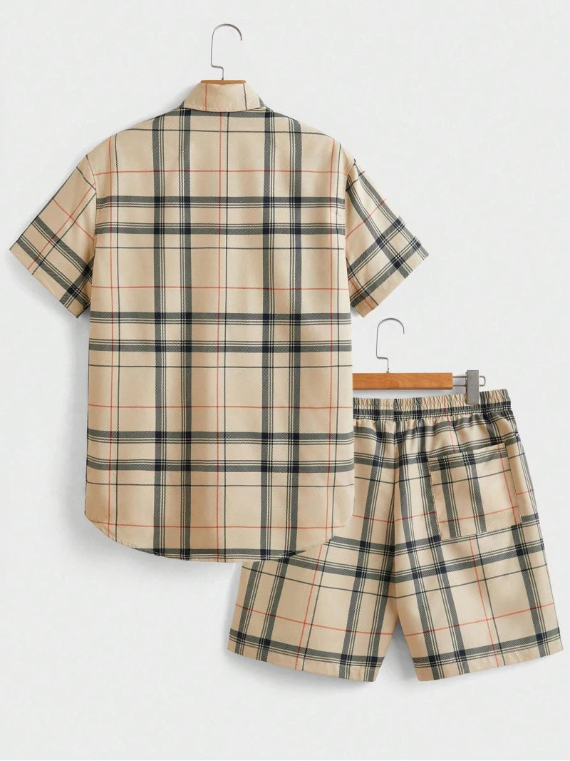 街頭休閒男士西裝個性時尚格紋印花圖案短袖翻領襯衫短褲男式兩件套