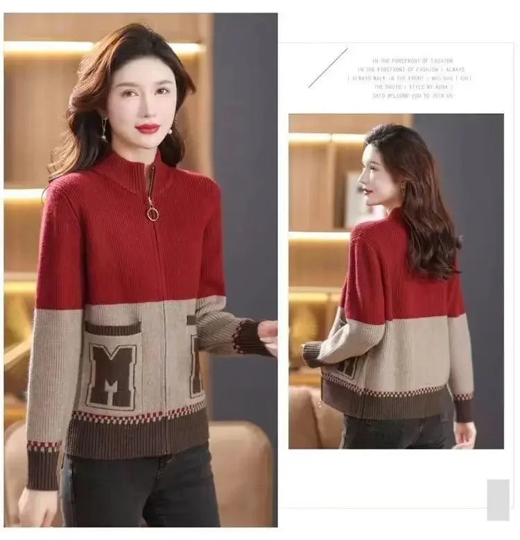 Sping Autumn New Women Sweaters Coats Stand Collar Zipper Contrast Color Pocket Fashion All-match Long Sleeve Cardigan Knit Tops