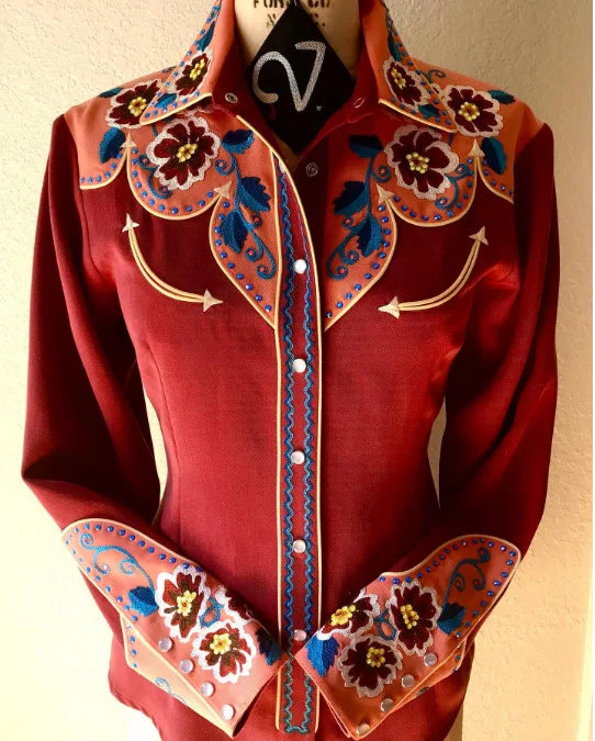 Women Vintage Print Long Sleeve Button Down Slim Shirt 2024 Spring Lady Retro Blouse Tops