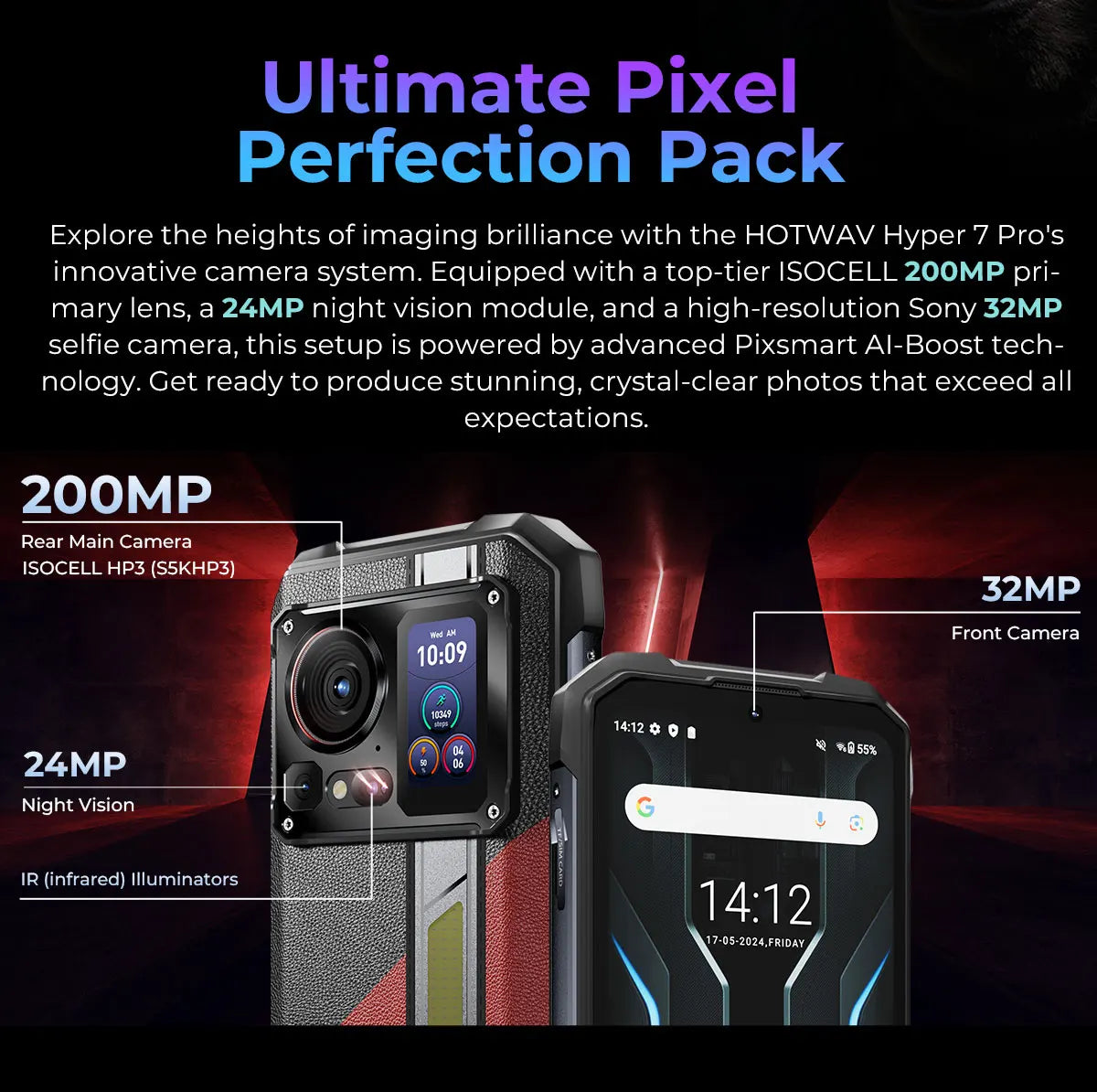 HOTWAV Hyper 7 Pro 36GB(16+20) 256GB 5G Smartphone 200MP 6.6'' FHD+ 120Hz 10800mAh 33W Android 14 Rugged Cell Phone