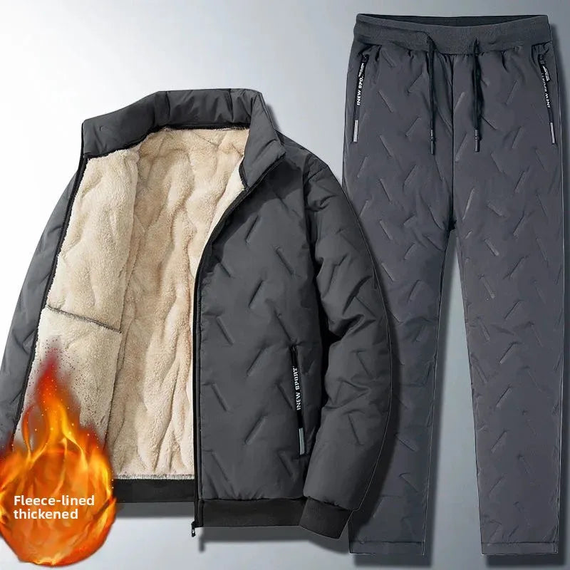 加厚抓絨衣男士冬季外套褲子套裝羊皮絨中老年棉衣爸爸裝中老年棉衣服