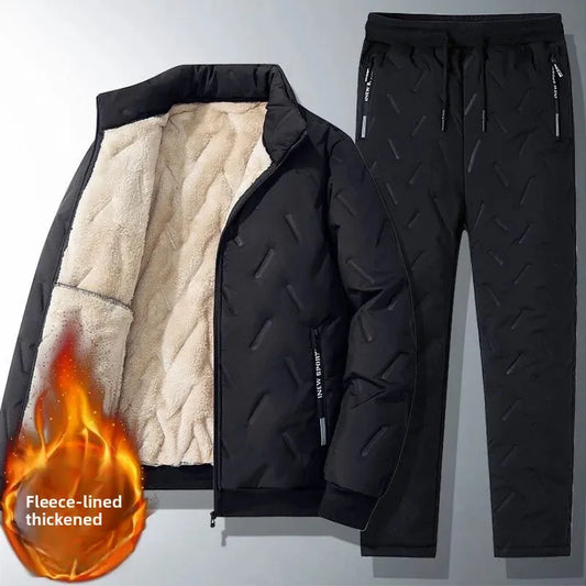 加厚抓絨衣男士冬季外套褲子套裝羊皮絨中老年棉衣爸爸裝中老年棉衣服