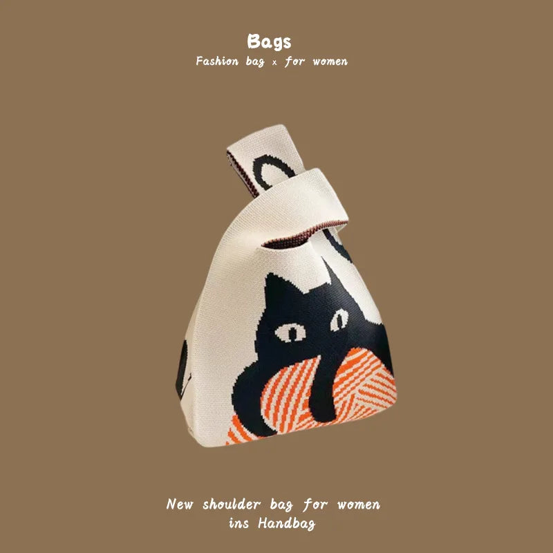 Women Handmade Knitted Small Handbag, Casual Wrist Bag, Student Reusable Shopper Mini Tote Bag, Suitable for Daily Use Outdoor