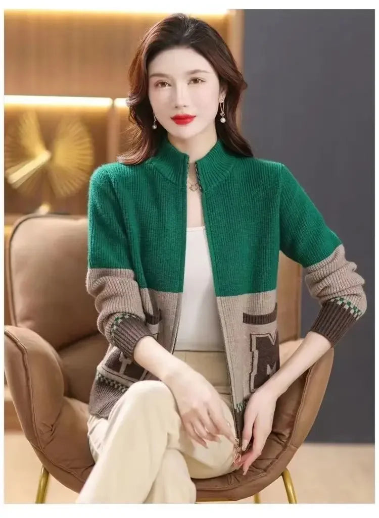 Sping Autumn New Women Sweaters Coats Stand Collar Zipper Contrast Color Pocket Fashion All-match Long Sleeve Cardigan Knit Tops