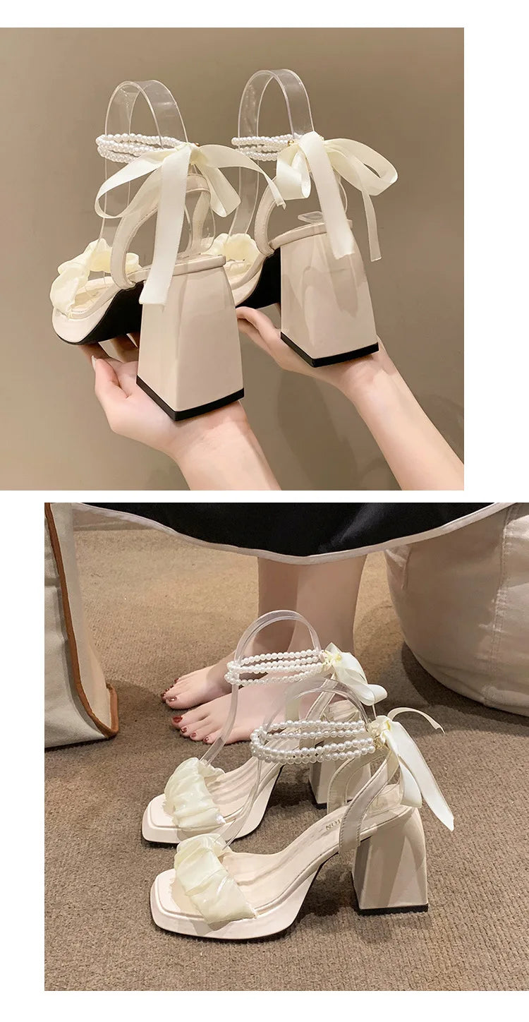 Comfort Shoes for Women Pearl Sandals Suit Female Beige Increasing Height Block Heels All-Match Black Bow 2024 Fashion Chunky Gi