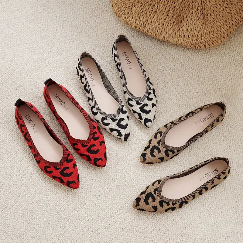 Loafers Flats Leopard Pointed Toe Casual Women Shoes New Knitted Shallow Comfortable Walking Zapatos Wear-resisting Sole