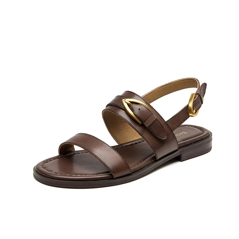 BEAUTODAY Flat Sandals Genuine Leather Metal Buckle Decro Slingback Low Heel Summer Retro Ladies Shoes 32426