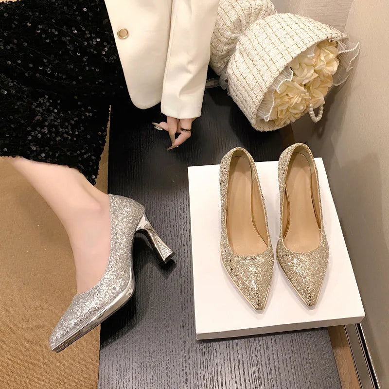 Fashion Sequined Women Pumps 2024New Women's Shoes Pointed Toe Shallow Mouth Shoes Female Comfort Women High Heels spring autumn