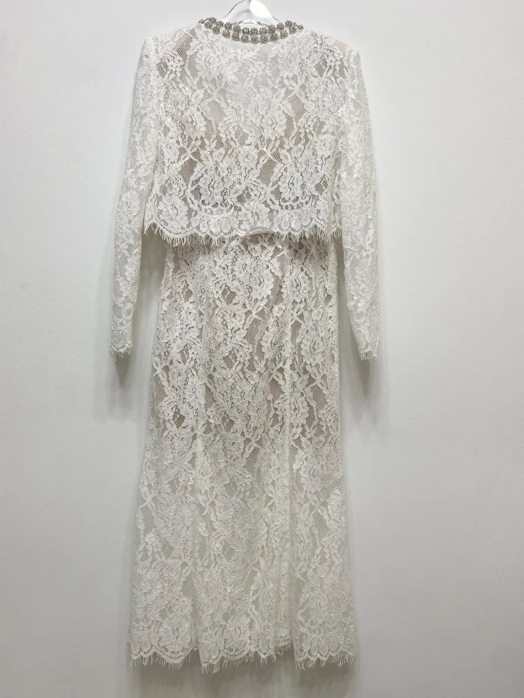 Luxury Lace Long Dress 2 Piece Sets Women 2025 Summer Holiday Hollow Out Embroidery Crystal Beaded Jackets Tops Maxi Skirt Suits
