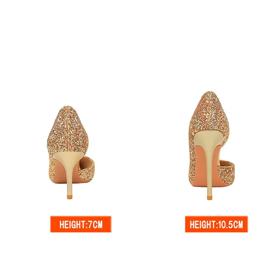 BIGTREE Women 7cm 11cm Super High Heels Blue Gold Pumps Sexy Sequins Bling Low Heels Lady Scarpins Luxury Stiletto Sparkly Shoes