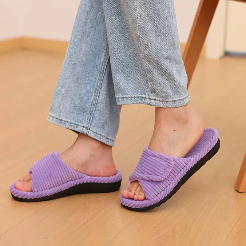 Litfun Women Orthopedic Home Slippers Fashion Open Toes Cozy Fur Flip-flops Indoor Flat Slides With Arch Support Cotton Slippers
