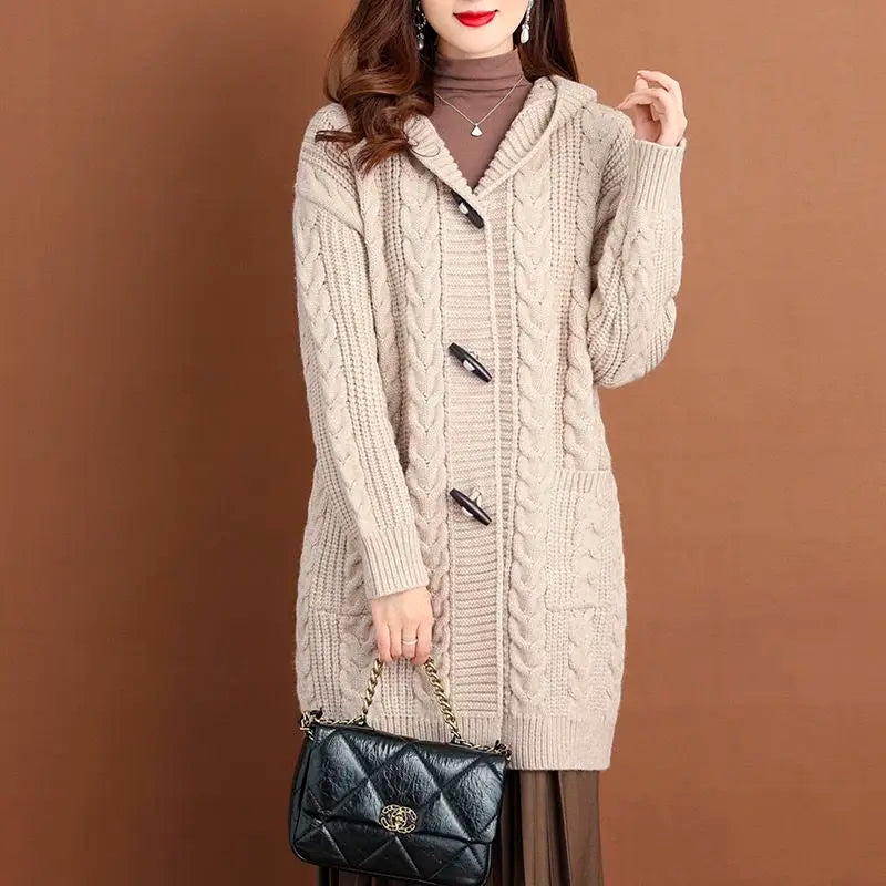 2024 Autumn Winter Thicken Sweaters5XL Large Size New Fashion Hooded Knitted Outerwear Women's Cardigan Sweater Knitting Jacket