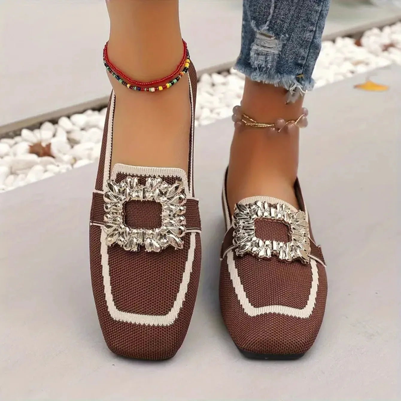 Women Flats Spring 2025 New Large Size Flat Loafers Shoes Women Knitting Slip-on Square Head Breathable Fashion Shoes for Women