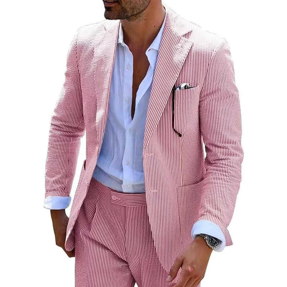 Costume d'été à rayures pour homme, 2 pièces, en seersucker, revers crantés, costume de fête de mariage, veste, pantalon, blazer décontracté, coupe slim