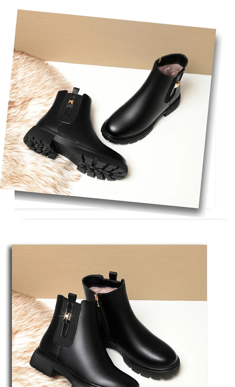 2024 British Style Women Chelsea Boots Square Heel Platform Comfortable Anti-slip Zip Ankle Boots Soft Leather Casual Boots