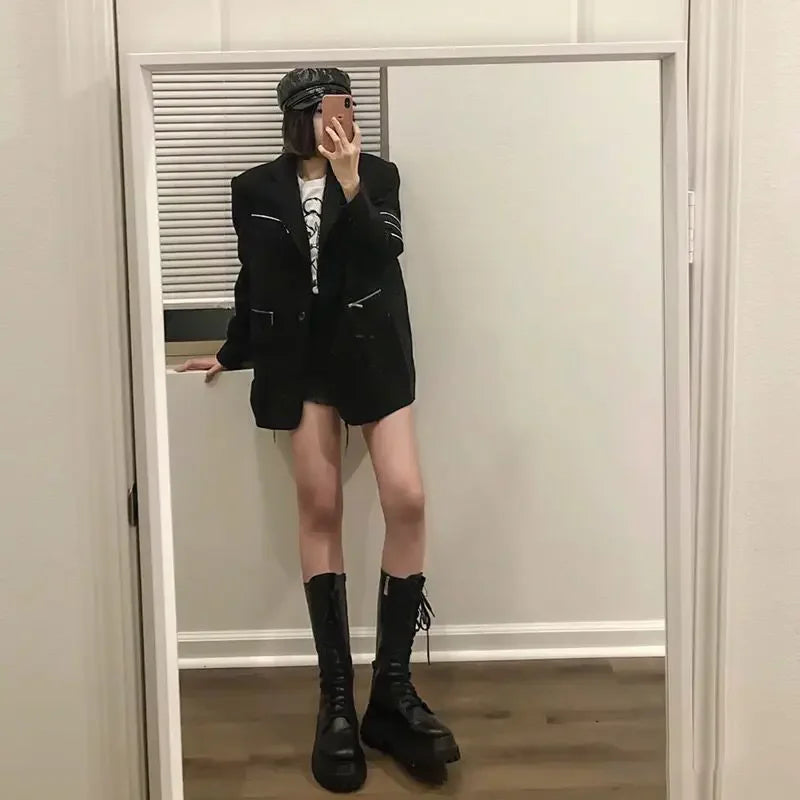 Chunky Women Motorcycle High Boots Fashion Lace Up Long Boots Platform Flats Autumn Winter Ladies Shoes