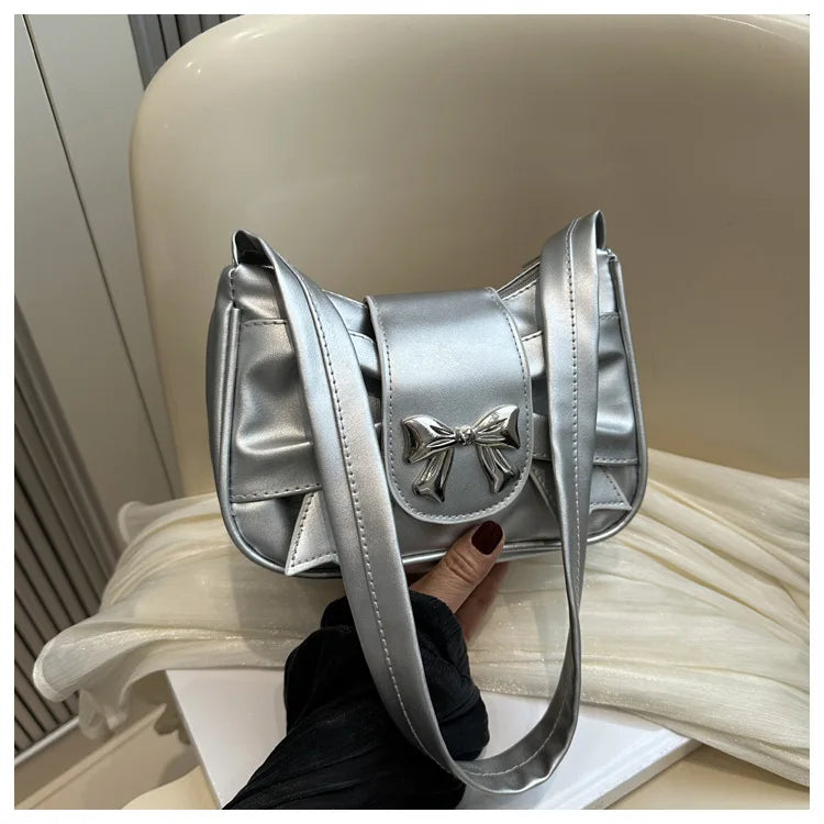 Sweet Bow Small Underarm Bag for Women Fashion PU Leather Ladies Portable Shoulder Bags Solid Color Female Clutch Handbags