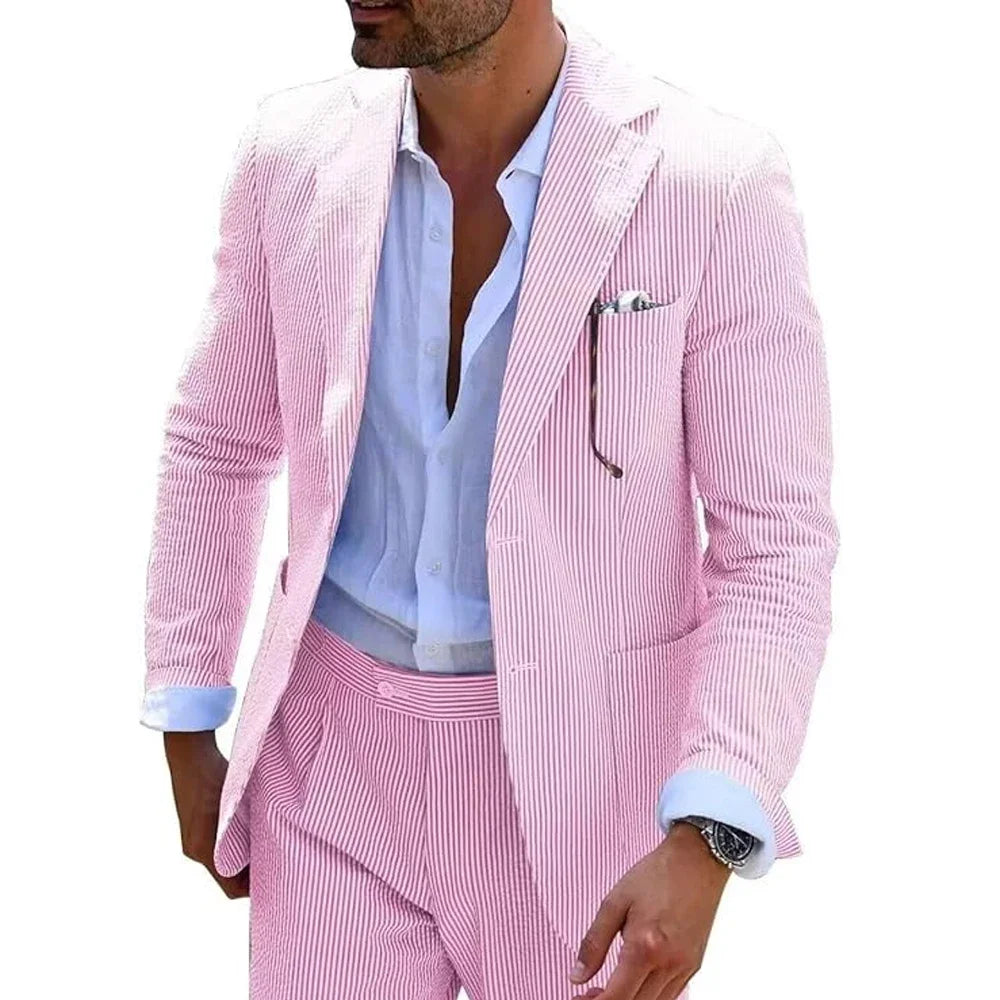 Costume d'été à rayures pour homme, 2 pièces, en seersucker, revers crantés, costume de fête de mariage, veste, pantalon, blazer décontracté, coupe slim