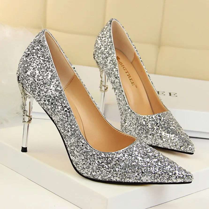 Women 9.5cm High Heels Pumps Lady Wedding Bridal Gold Silver Stiletto Heels Nightclub Event Party Sparkly Sequins Bling Shoes