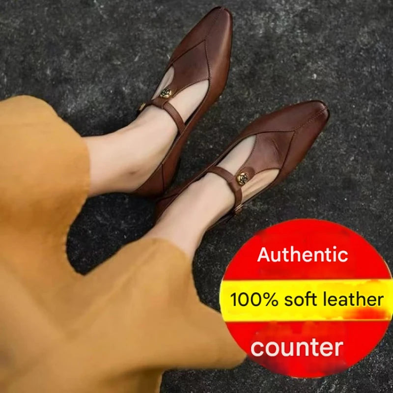 2025 New Vintage Women's Leather Mary Jane Pumps - Pointed-Toe Gold Floral Buckle T-Strap Low Heel Office & Daily Shoes