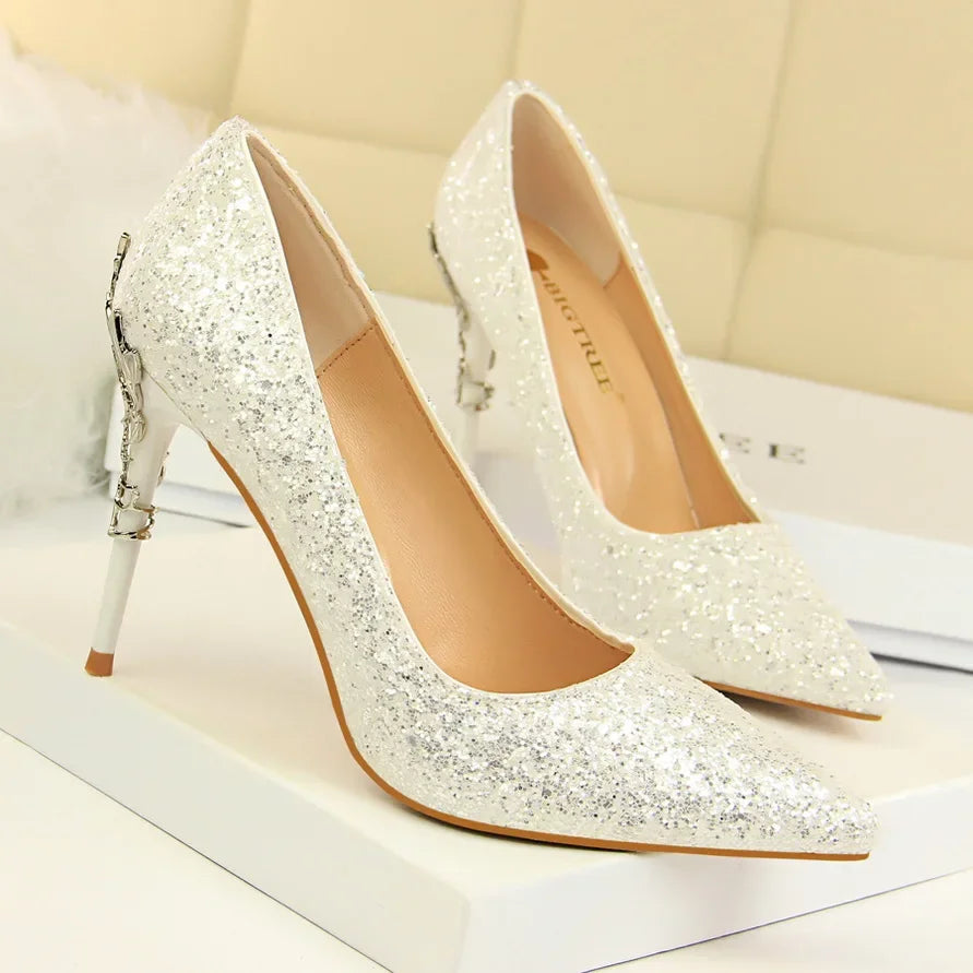 Women 9.5cm High Heels Pumps Lady Wedding Bridal Gold Silver Stiletto Heels Nightclub Event Party Sparkly Sequins Bling Shoes