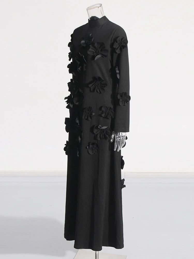 TWOTWINSTYLE Solid Spliced Appliques Slimming Dresses For Women Half High Collar Long Sleeves A Line Temperament Dress Female