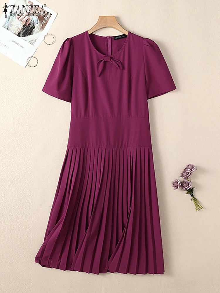 ZANZEA Short Sleeve Korean Fashion Party Dress Elegant Solid Waist-Cinched Pleated A-line Robes Women O Neck Knee-length Dress