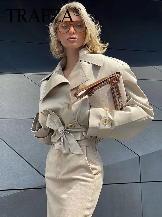 TRAFZA 2025 Spring Retro V-neck Double Breasted Women's Pocket Top Loose Jacket Women's Street Casual Lace-up Short Trench Coat