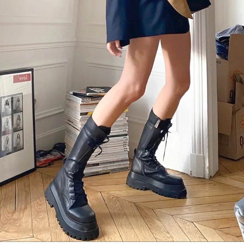 Chunky Women Motorcycle High Boots Fashion Lace Up Long Boots Platform Flats Autumn Winter Ladies Shoes