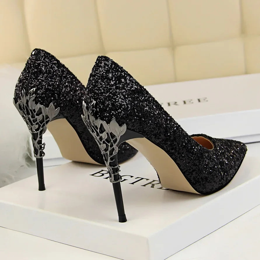 Women 9.5cm High Heels Pumps Lady Wedding Bridal Gold Silver Stiletto Heels Nightclub Event Party Sparkly Sequins Bling Shoes