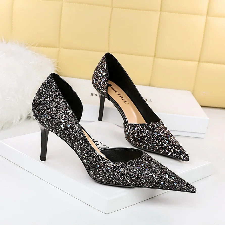 BIGTREE Women 7cm 11cm Super High Heels Blue Gold Pumps Sexy Sequins Bling Low Heels Lady Scarpins Luxury Stiletto Sparkly Shoes