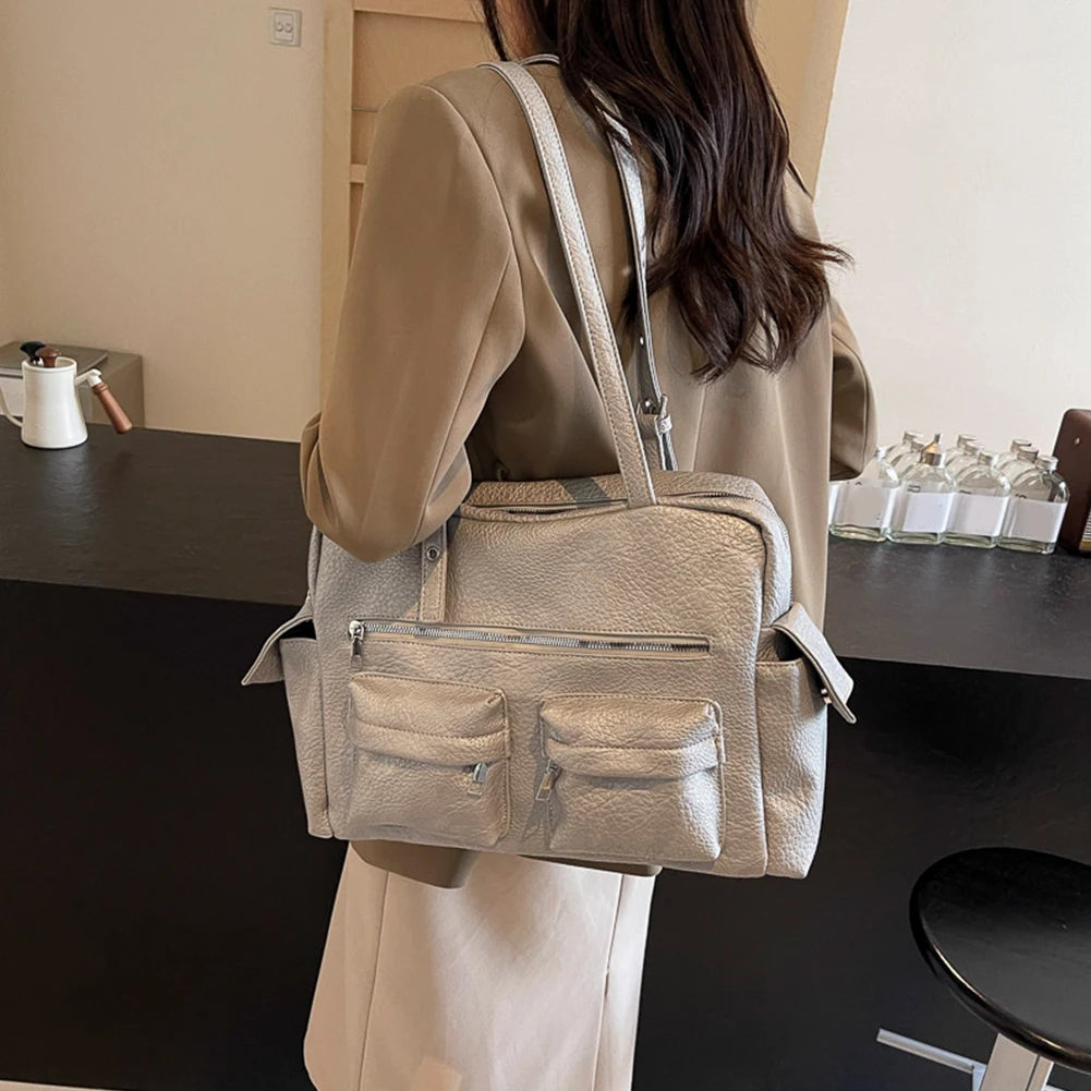 2024 Women PU Leather Shoulder Bag Multi-Pockets Underarm Bag Solid Versatile Commuting Handbag Adjustable Strap Armpit Tote Bag