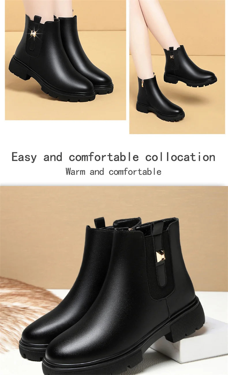 2024 British Style Women Chelsea Boots Square Heel Platform Comfortable Anti-slip Zip Ankle Boots Soft Leather Casual Boots