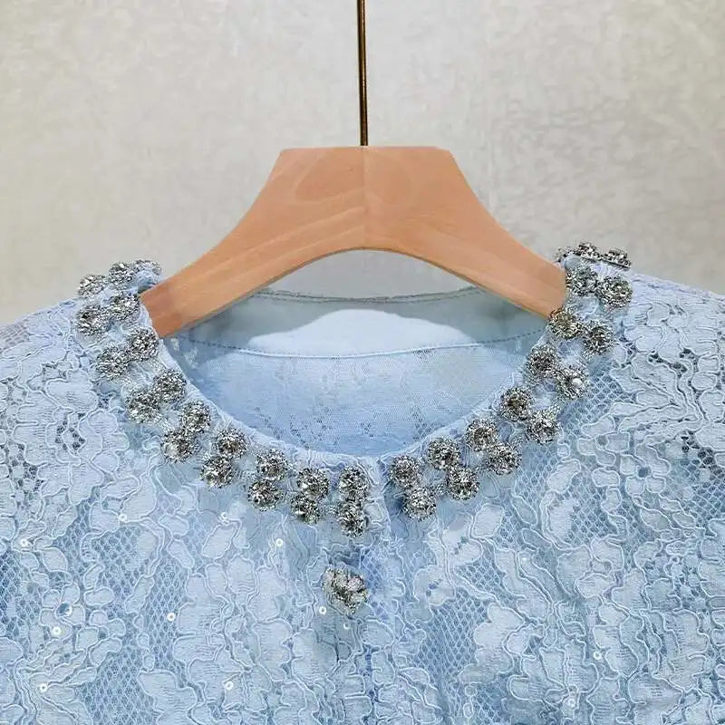 Luxury Lace Long Dress 2 Piece Sets Women 2025 Summer Holiday Hollow Out Embroidery Crystal Beaded Jackets Tops Maxi Skirt Suits