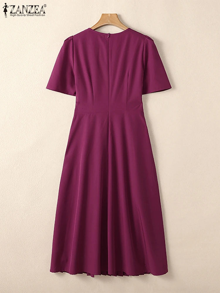 ZANZEA Short Sleeve Korean Fashion Party Dress Elegant Solid Waist-Cinched Pleated A-line Robes Women O Neck Knee-length Dress