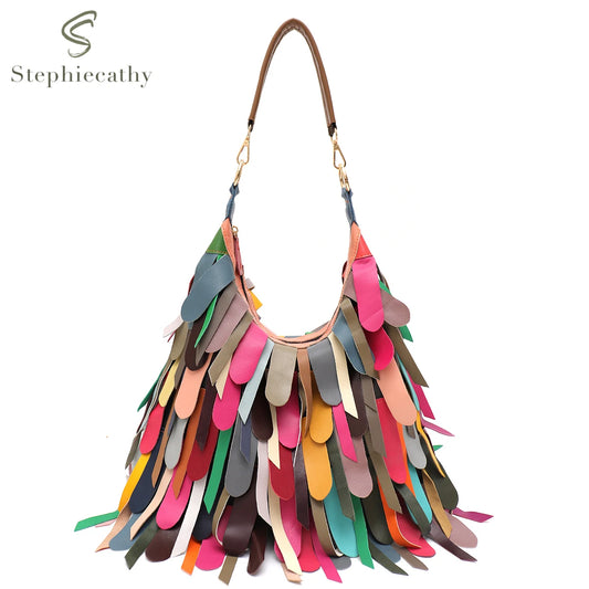 Women Daily Casual Slouchy Boho Style Colorful Real Sheepskin Tassel Fringe Hobo Shoulder Cross body Bag Genuine Leather Handbag