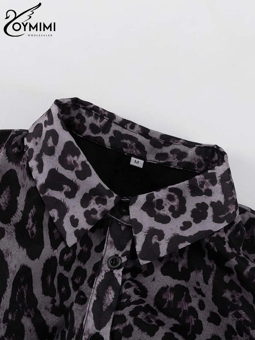 Oymimi Fashion Brown Leopard Print Women's Dress Elegant Long Sleeve Buton Lace-Up Dresses Casual Cascading Ruffle Mini Dresses