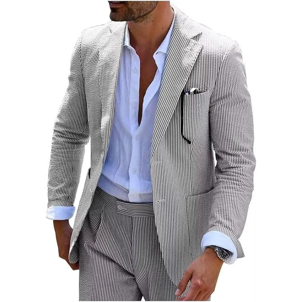 Costume d'été à rayures pour homme, 2 pièces, en seersucker, revers crantés, costume de fête de mariage, veste, pantalon, blazer décontracté, coupe slim
