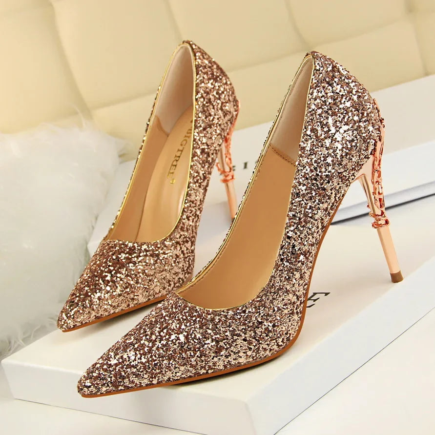 Women 9.5cm High Heels Pumps Lady Wedding Bridal Gold Silver Stiletto Heels Nightclub Event Party Sparkly Sequins Bling Shoes