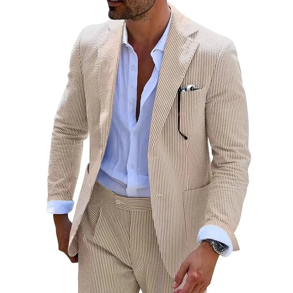 Costume d'été à rayures pour homme, 2 pièces, en seersucker, revers crantés, costume de fête de mariage, veste, pantalon, blazer décontracté, coupe slim