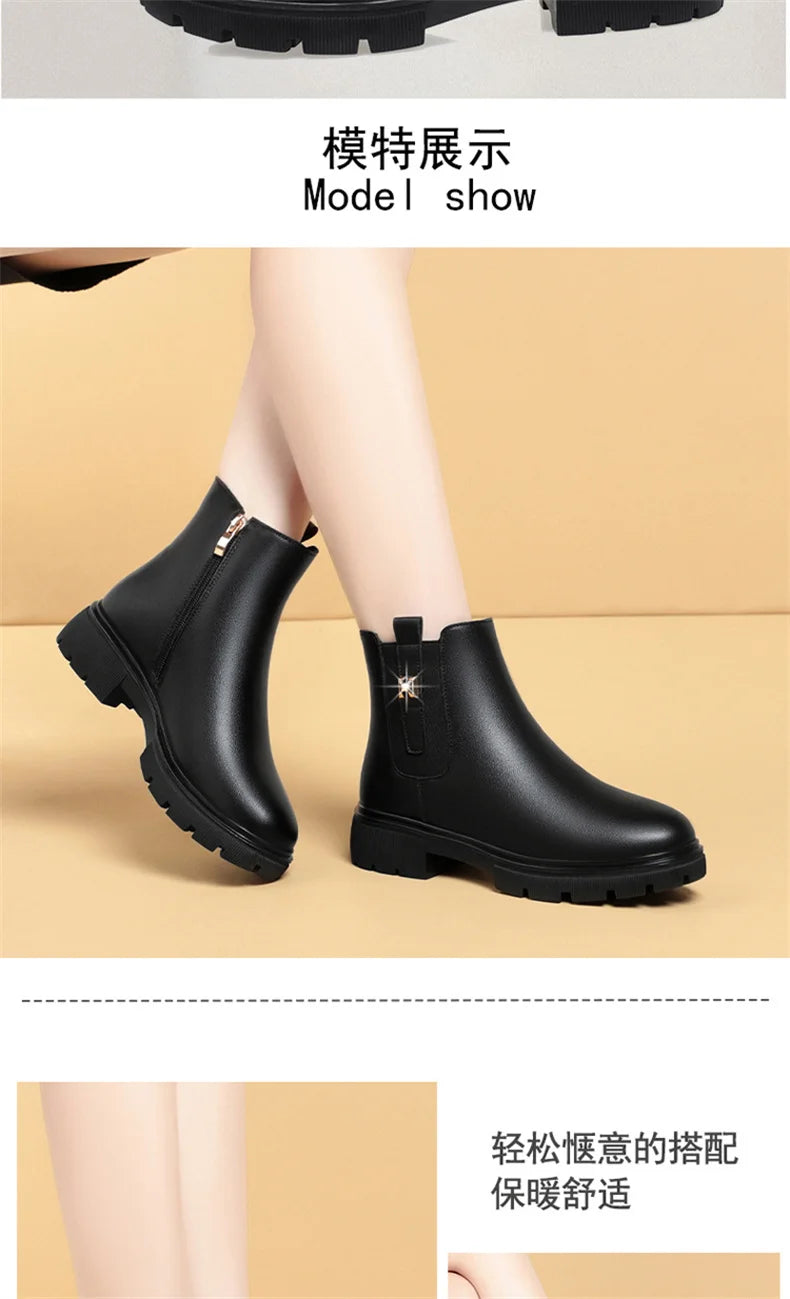2024 British Style Women Chelsea Boots Square Heel Platform Comfortable Anti-slip Zip Ankle Boots Soft Leather Casual Boots