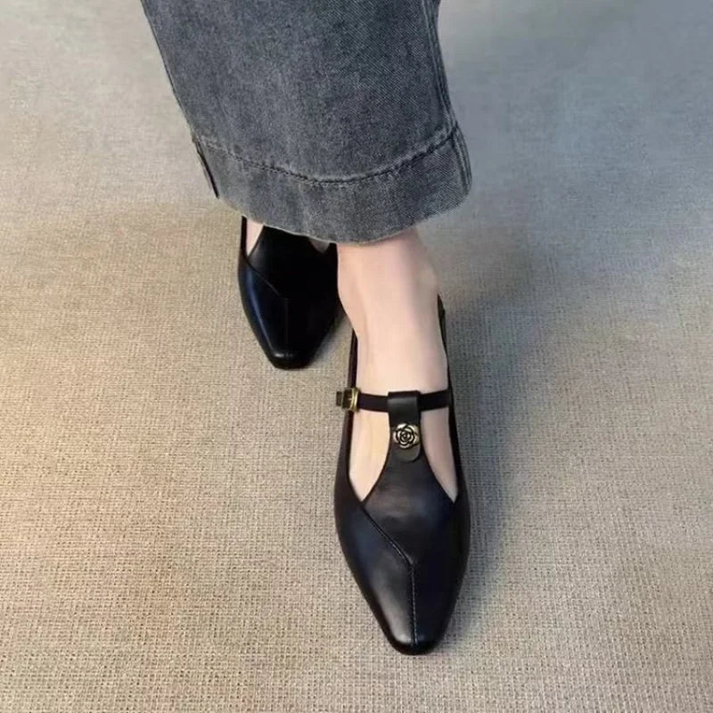 2025 New Vintage Women's Leather Mary Jane Pumps - Pointed-Toe Gold Floral Buckle T-Strap Low Heel Office & Daily Shoes