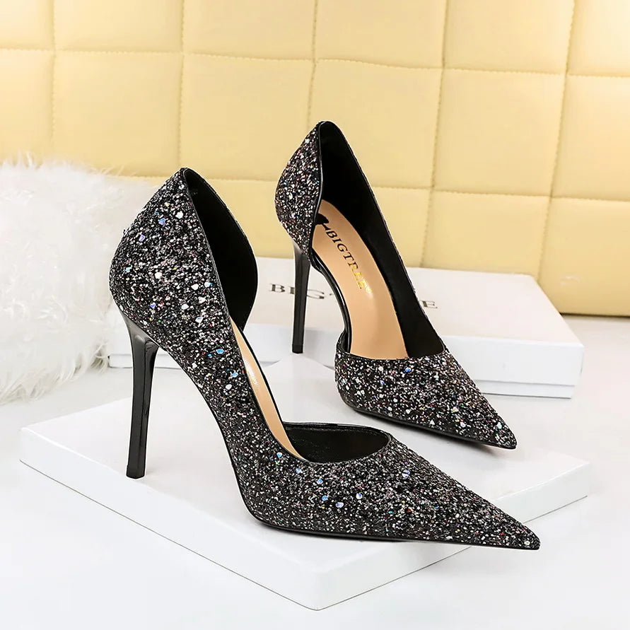 BIGTREE Women 7cm 11cm Super High Heels Blue Gold Pumps Sexy Sequins Bling Low Heels Lady Scarpins Luxury Stiletto Sparkly Shoes